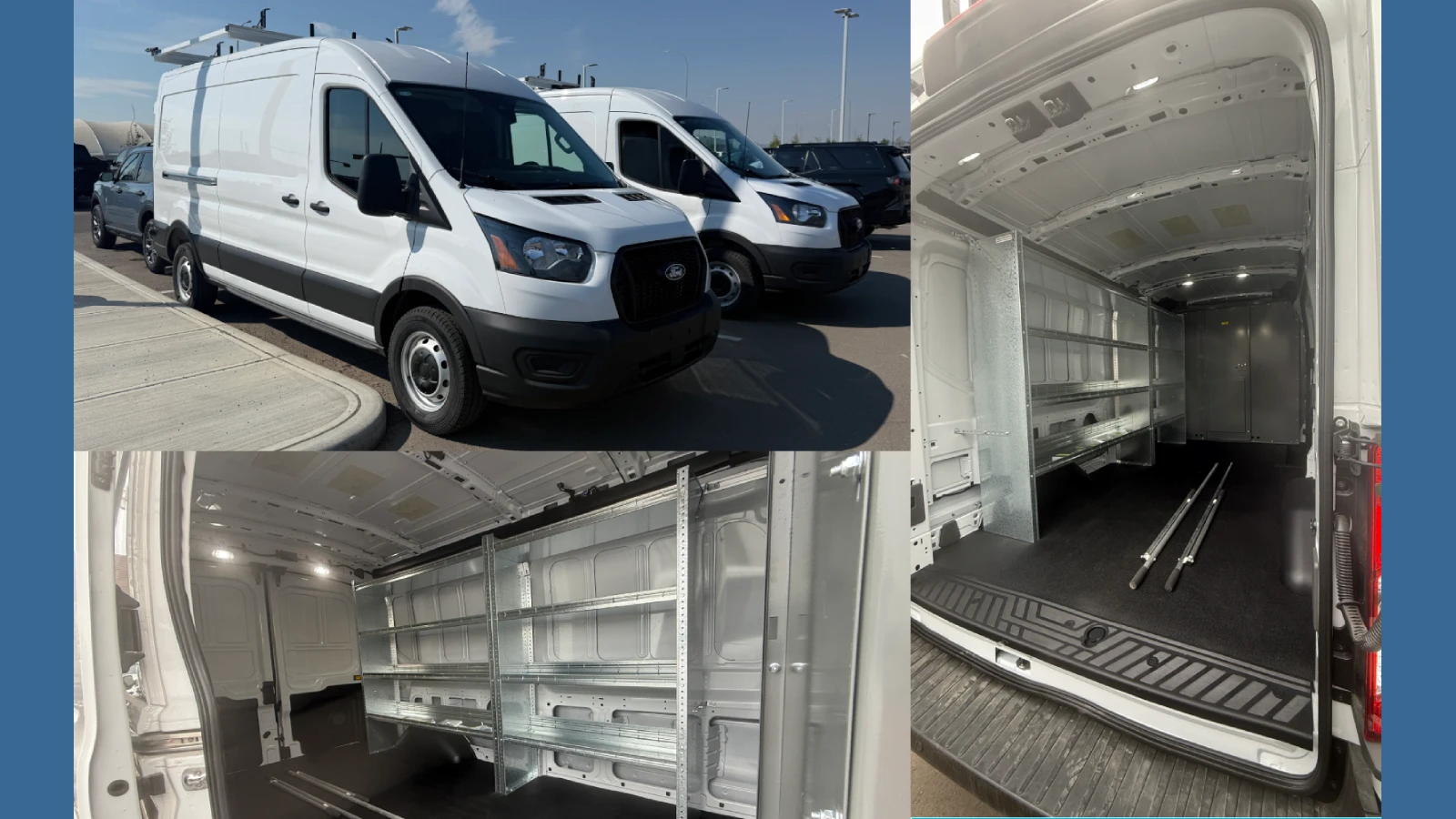 Two 2026 Transit Upfitted For Electrical Company With Double Ladder Rack, Shelving And Cargo Partition commercial vehicle upfit sold by FleetByDimitri